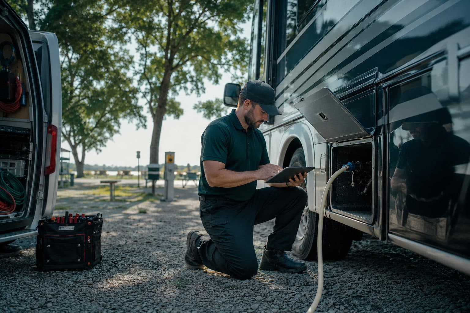 Mobile technician servicing an RV while managing the work order on a tablet.