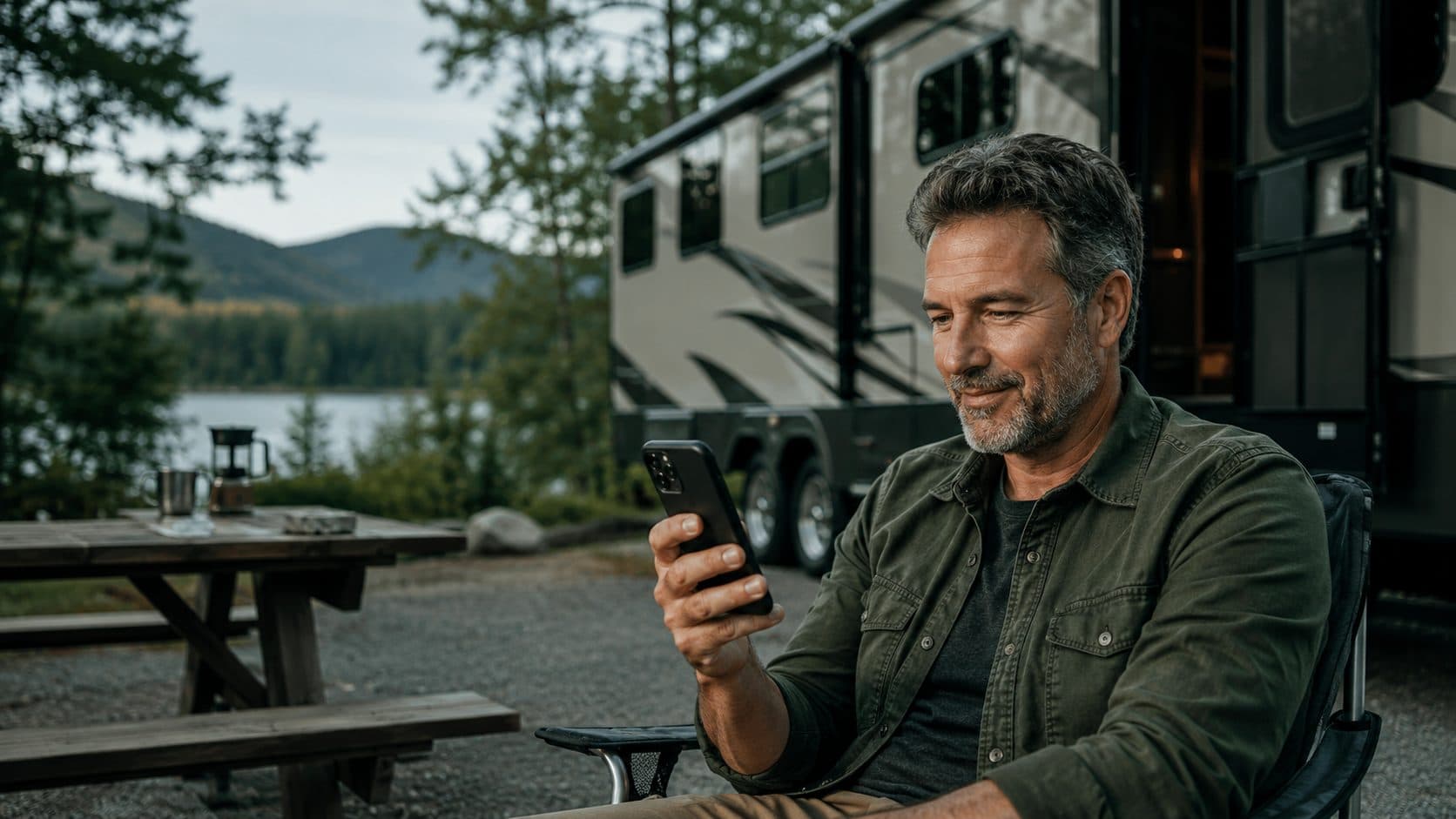 An RV owner checking service or coverage at their unit, with the campsite around them.