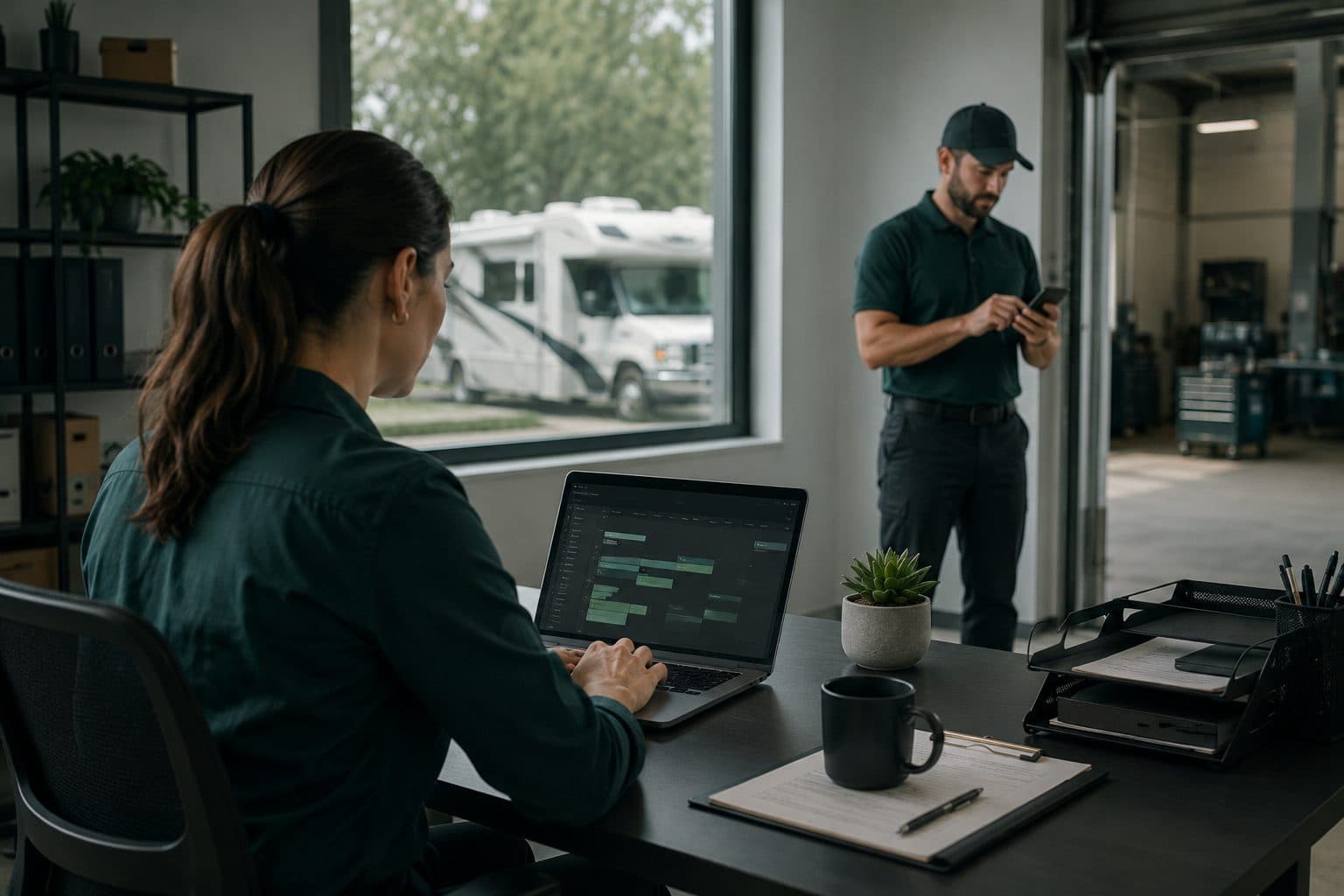 Operations coordinator scheduling RV service while a technician works nearby.