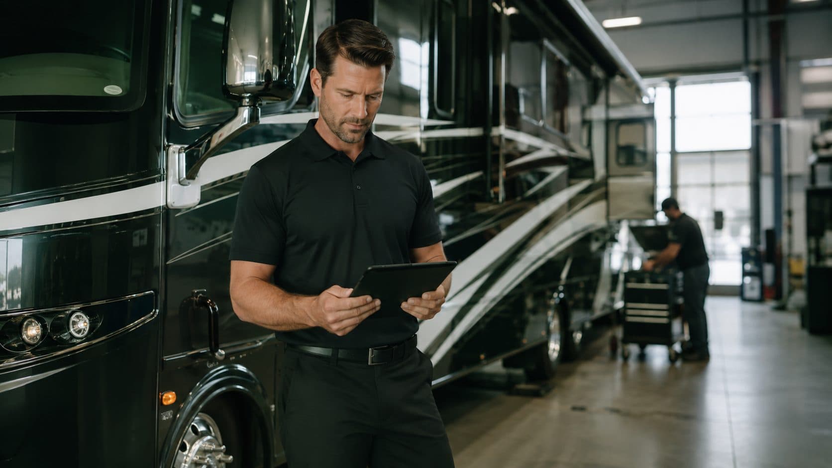 A service advisor coordinating RV service on a tablet in a service facility.