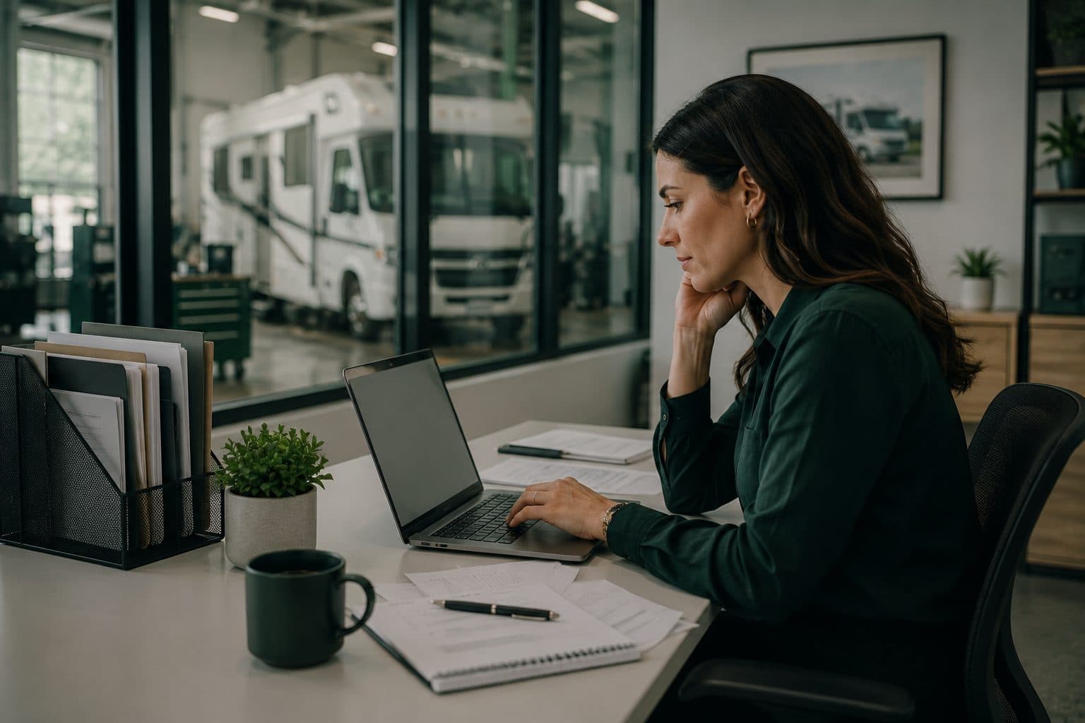 Warranty professional reviewing an RV service case.